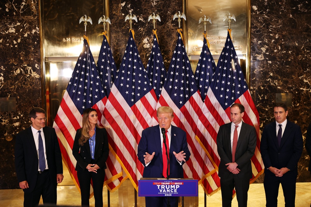Trump — seen with his legal team in the Carroll case, all of whom would go on to serve in his administration — has vehemently denied allegations against him and labeled the former Elle magazine writer a liar (Getty)