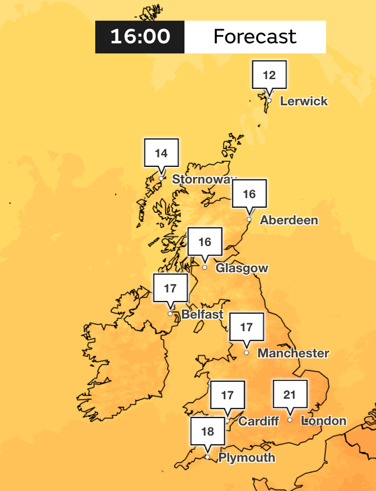 Sunday’s outlook is milder with temperatures hanging around the mid-teens to low 20s across the UK (Met Office)
