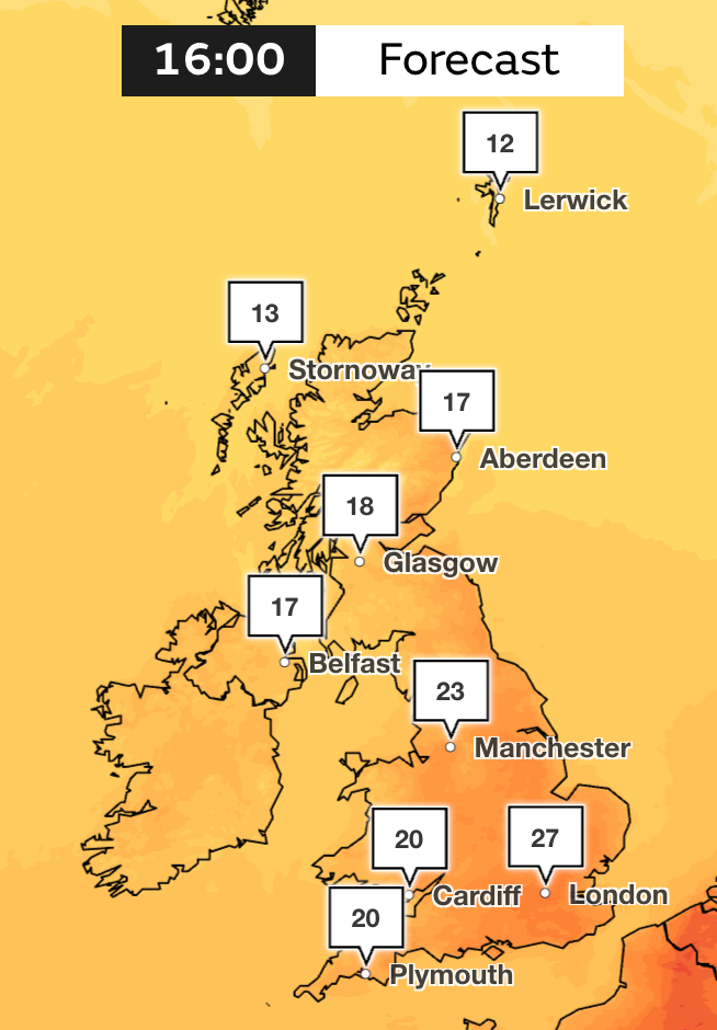 Temperatures will climb to the late 20s on Saturday afternoon across the southeast (Met Office)