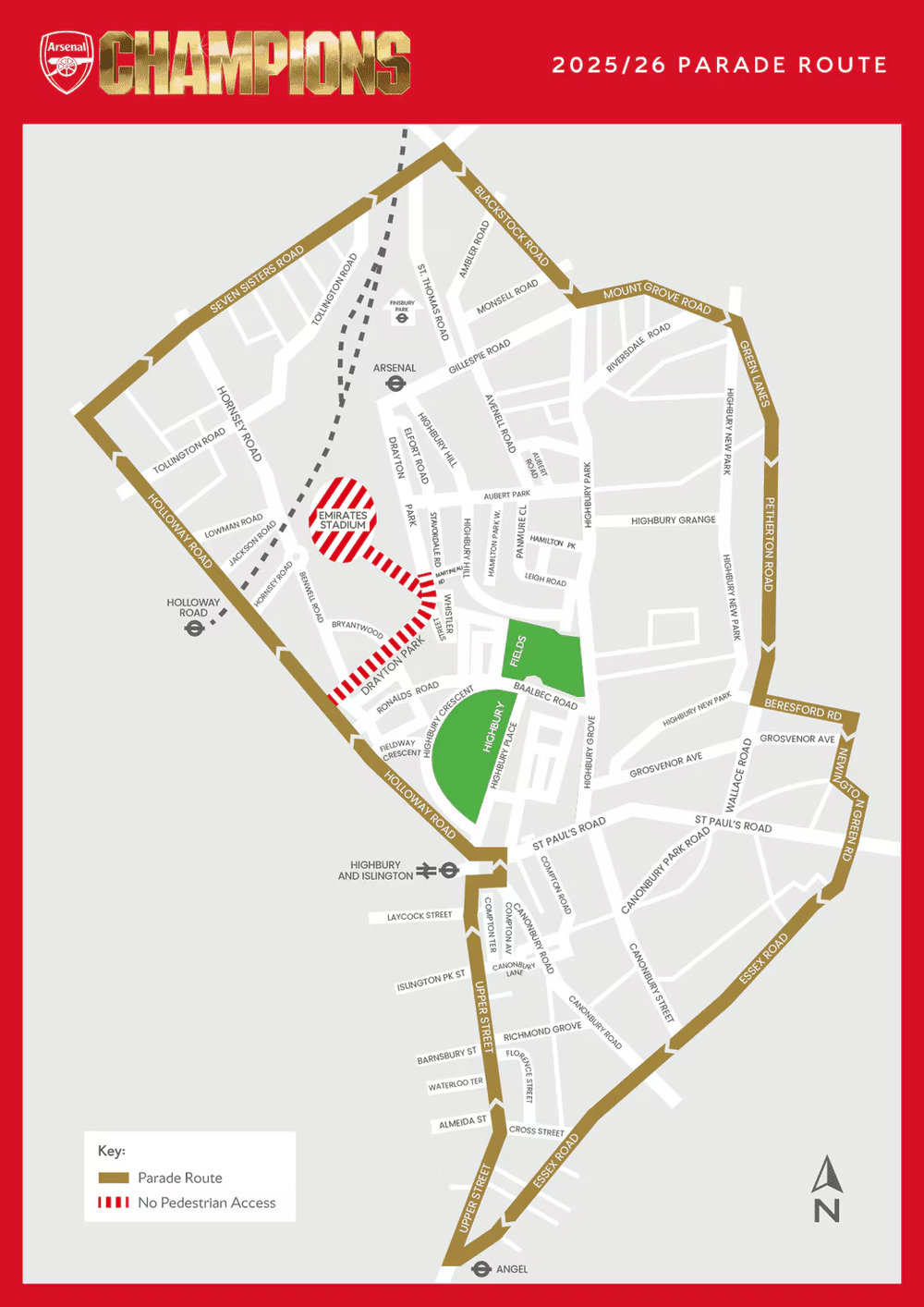 Arsenal's trophy parade route on Sunday, 31 May (Arsenal)
