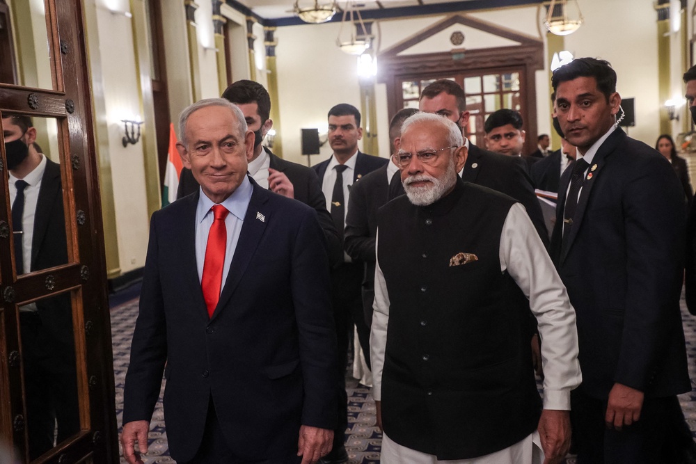 File. Israel's prime minister Benjamin Netanyahu (L) and his Indian counterpart Narendra Modi (R) arrive for a press conference in Jerusalem on 26 February 2026 (AFP/Getty)