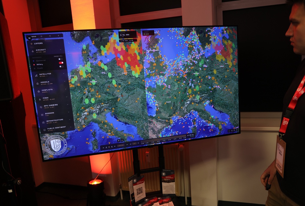 A map created by the Hybrid Intelligence department of Helmut Schmidt University shows shipping, aircraft, wildfires, and GPS disruption zones (Getty)