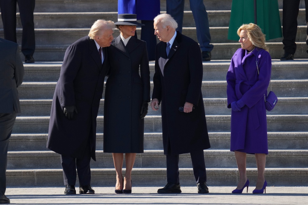 Jill Biden watches as President Donald Trump speaks to former president Joe Biden just after his second-term inauguration on January 20, 2025 (Getty)