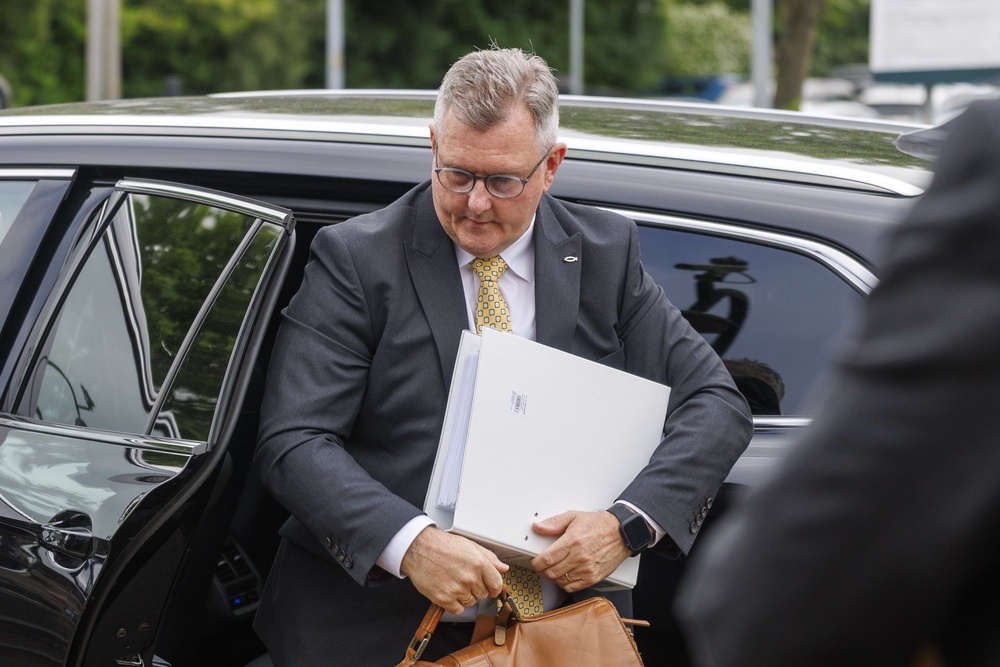 Sir Jeffrey Donaldson arriving at Newry Crown Court (Liam McBurney/PA) (PA Wire)