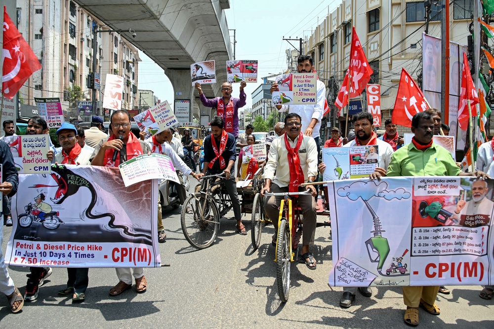 Communist Party of India (Marxist) CPI(M) members hold banners and placards during a protest over the hike in fuel prices in Hyderabad earlier this week, amid global energy crises triggered by the Middle East war (AFP/Getty)
