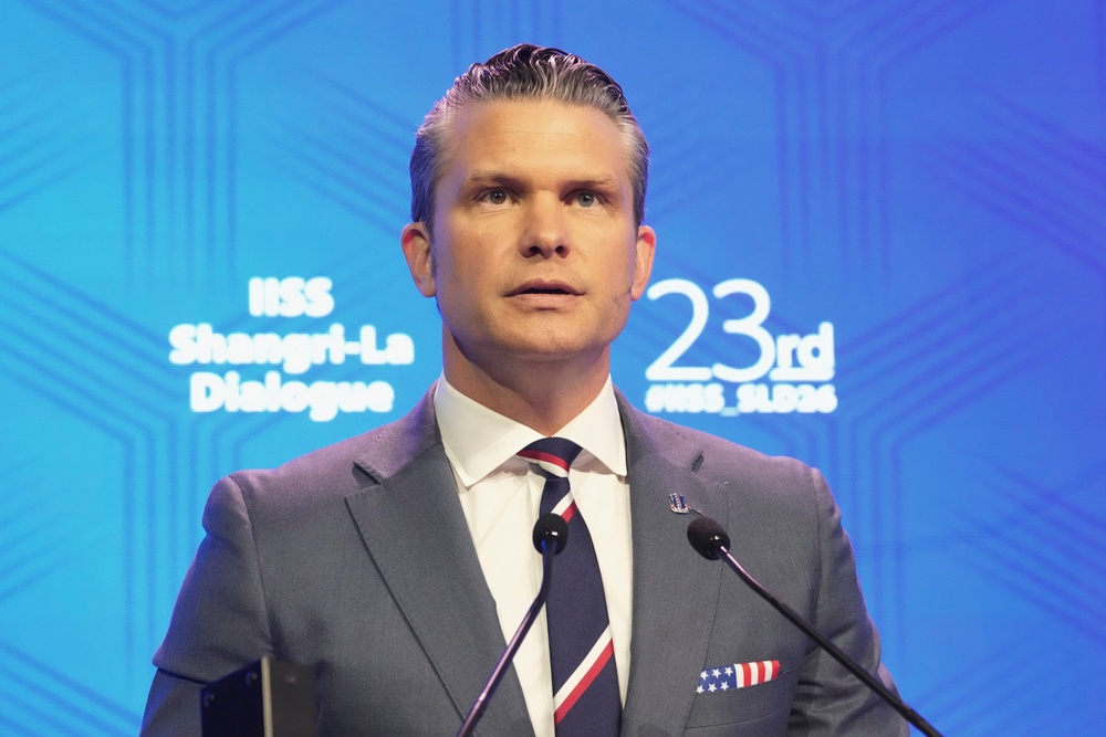 US secretary of war Pete Hegseth delivers a speech during the Shangri-La Dialogue, Asia’s annual defence and security forum (Achmad Ibrahim/AP) (AP)