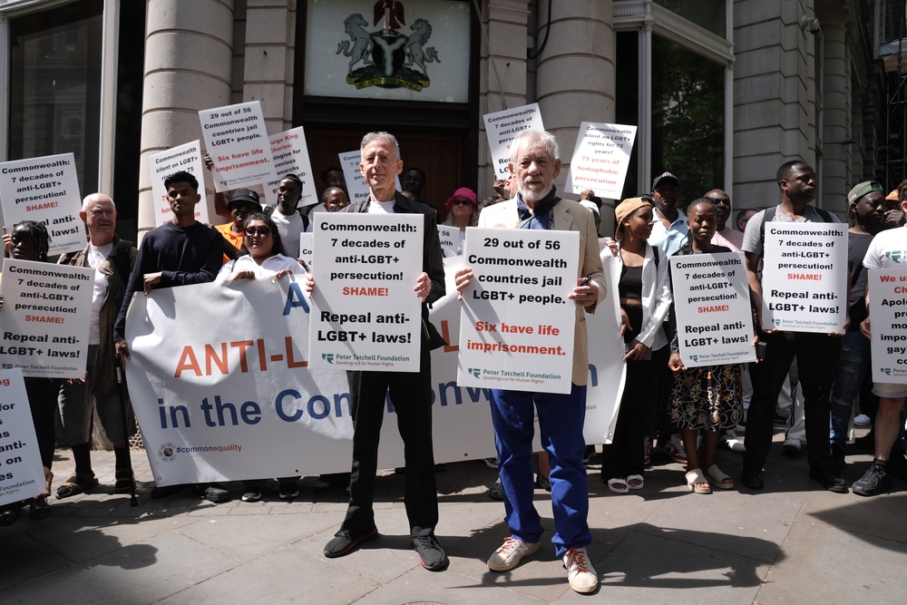 Peter Tatchell (front left) listens to Sir Ian McKellen (front right) speaking outside the Nigerian High Commission in central London as people take part in the ‘Commonwealth Walk of Shame’ march (Stefan Rousseau/PA) (PA Wire)