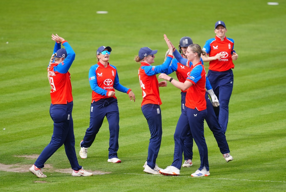 Freya Kemp celebrates taking the wicket of Jemimah Rodrigues (David Davies/PA) (PA Wire)
