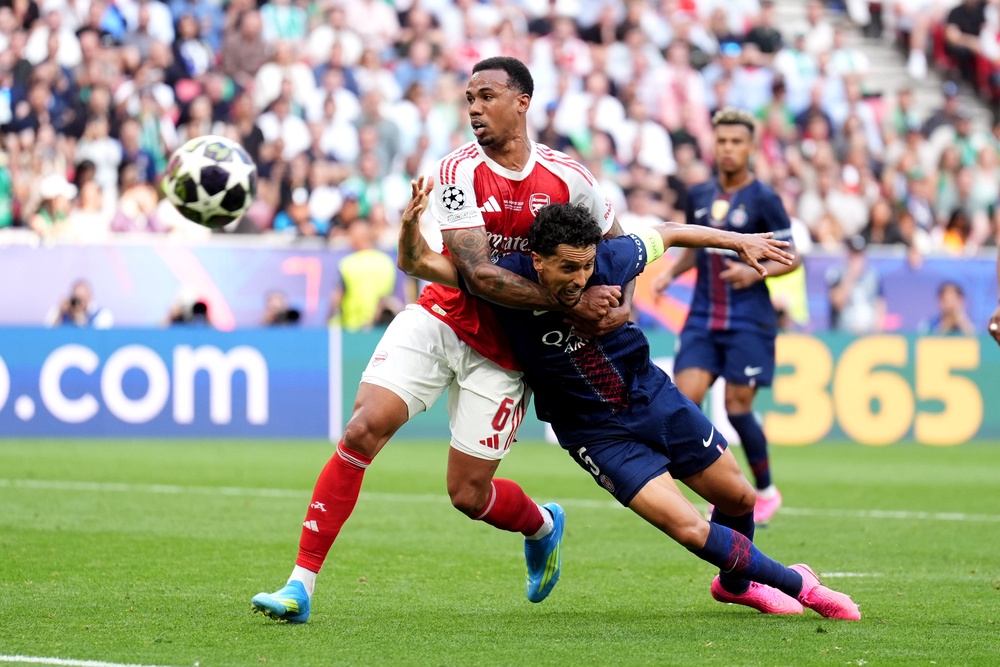 Gabriel was outstanding in defence for Arsenal and denied PSG three times in the first half alone (PA)