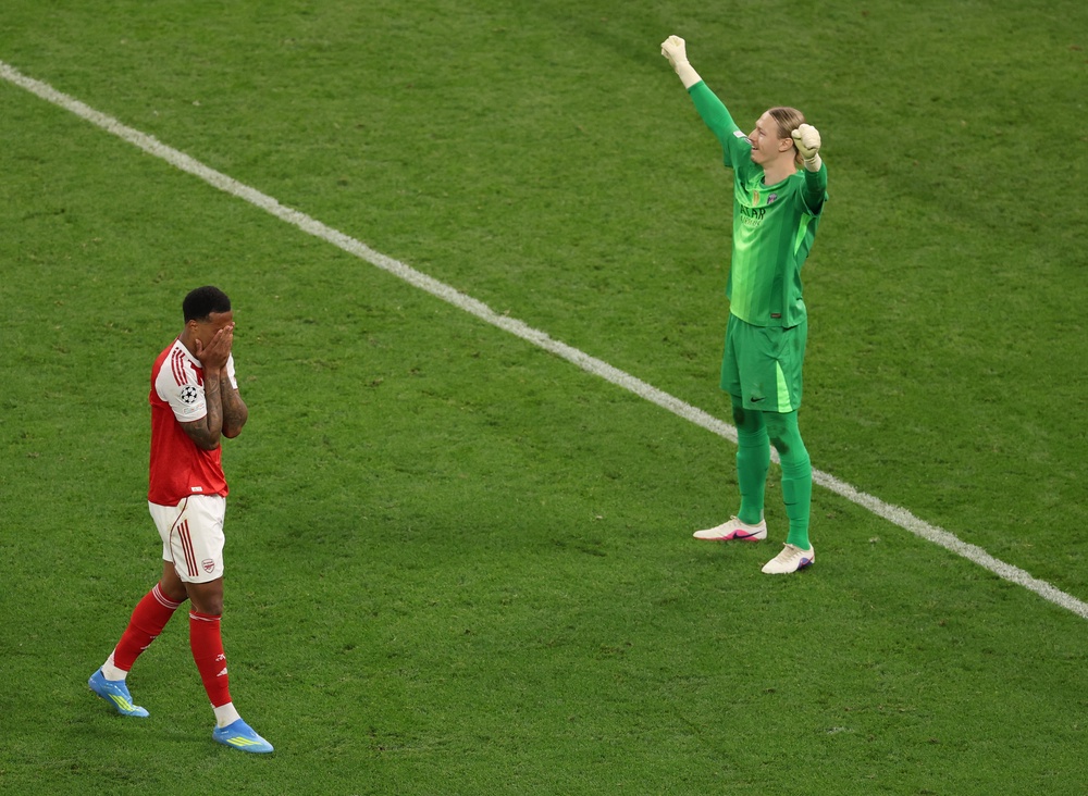 Gabriel Magalhaes missed the decisive penalty for Arsenal which handed the Champions League to PSG (Getty)