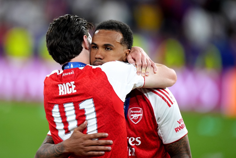 Declan Rice consoled teammate Gabriel after the Champions League final (PA Wire)