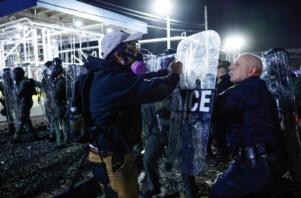 New Jersey state police on Friday relieved federal immigration enforcement agents who had been facing off against protestors at the facility for days (Kena Betancur / AFP via Getty Images)