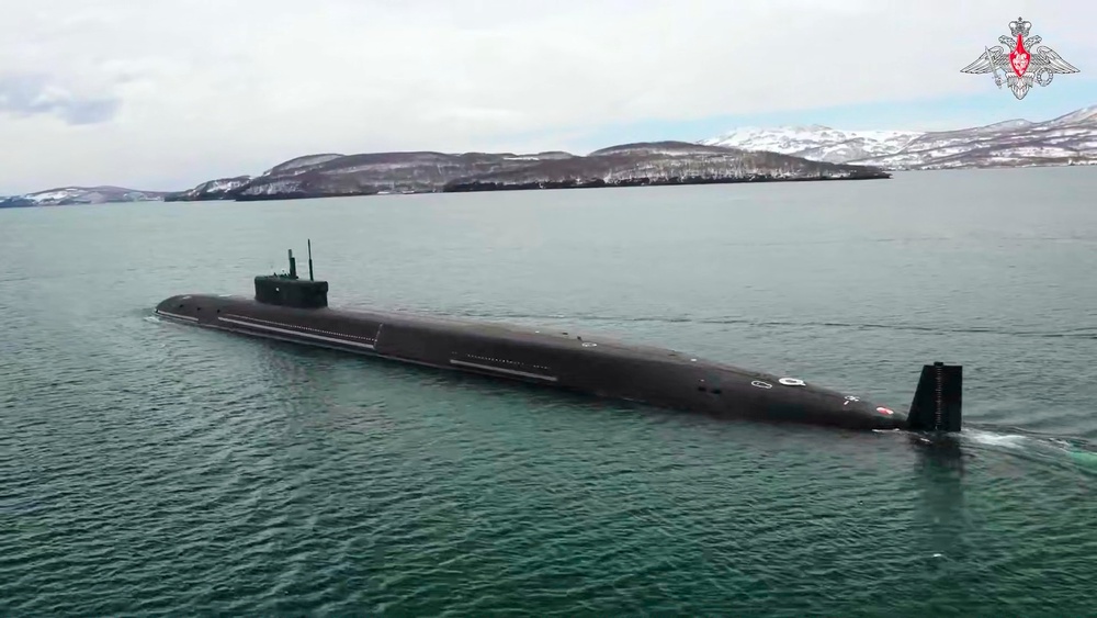 A Russian Borei-class nuclear-powered ballistic missile submarine during nuclear drills last month (AP)
