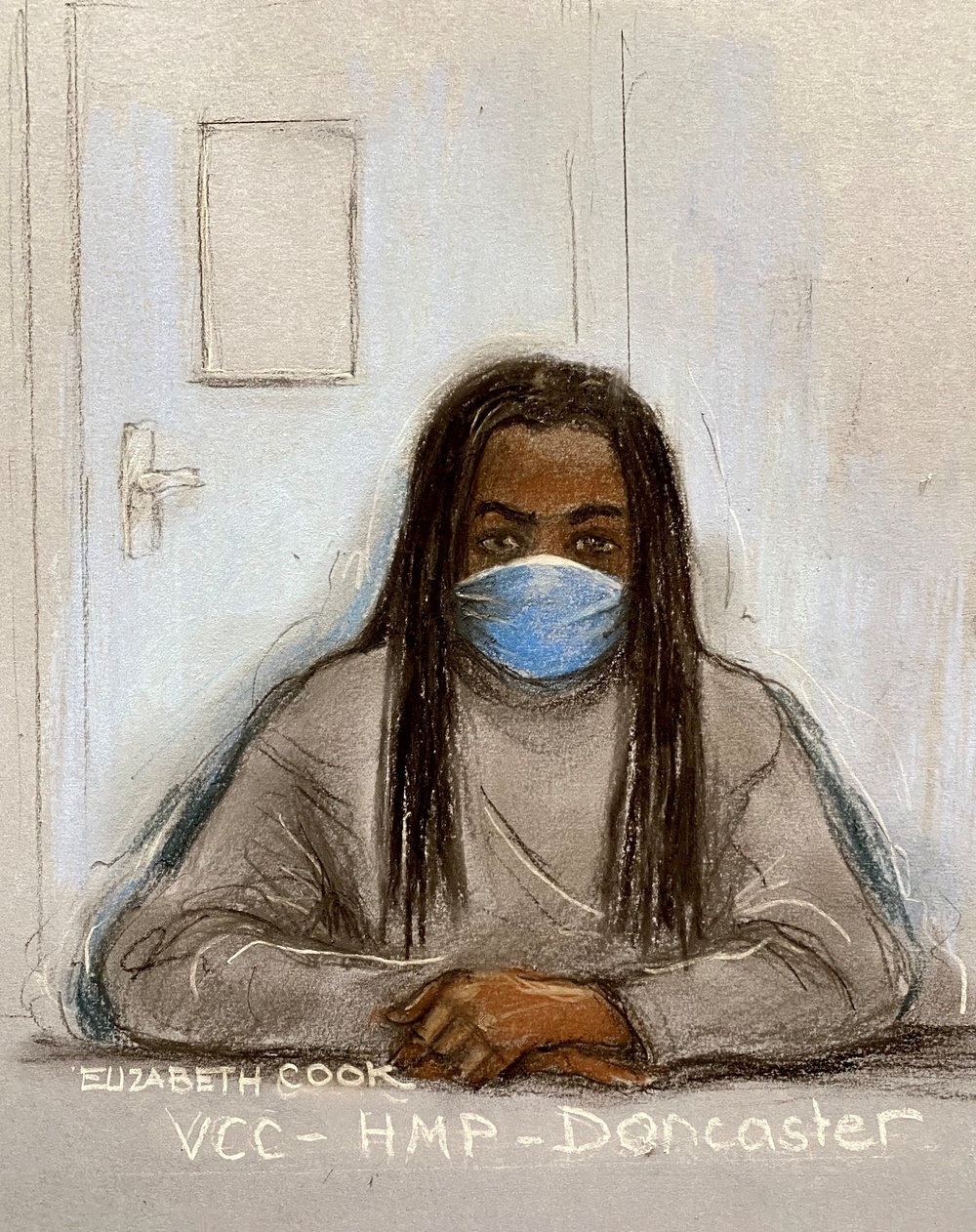 Court artist sketch by Elizabeth Cook of Jemele Rhone appearing via videolink at Sheffield Crown Court (PA)