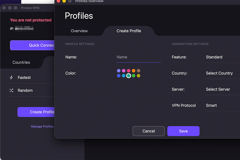 Proton VPN gas a dark interface with a map layout (Proton vpn)