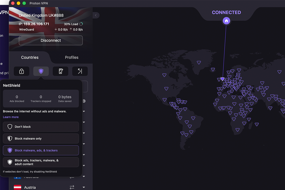Proton VPN gas a dark interface with a map layout (Protonvpn)