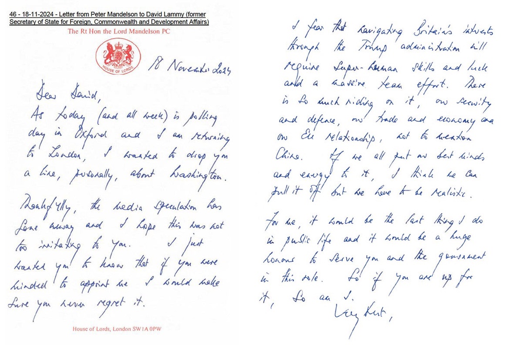 A document issued by the Cabinet Office showing a letter from Peter Mandelson to David Lammy (Cabinet Office/PA) (Cabinet Office)