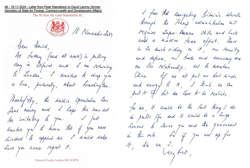 A document dated 18/11/2024 issued by the Cabinet Office showing a letter from Peter Mandelson to the then Foreign Secretary David Lammy (PA)