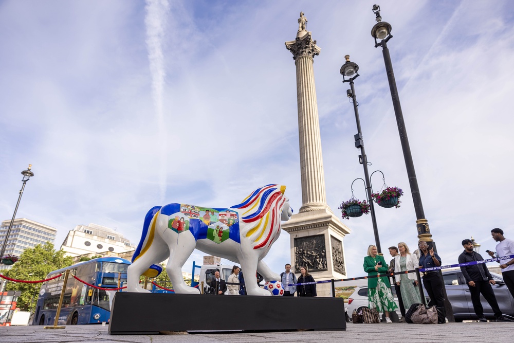 One of the lions at the base of Nelson’s Column (Ben Stevens/PA) (PA Media)