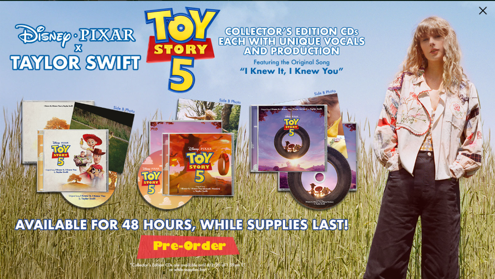 Taylor Swift's website advertises her new song 'I Knew It, I Knew You' for 'Toy Story 5' (Taylor Swift's website)