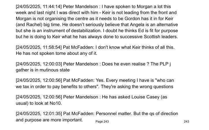 A document dated 24/05/2025 issued by the Cabinet Office showing WhatsApp exchanges between Lord Peter Mandelson and Pat McFadden (Cabinet Office/PA) (PA Media)