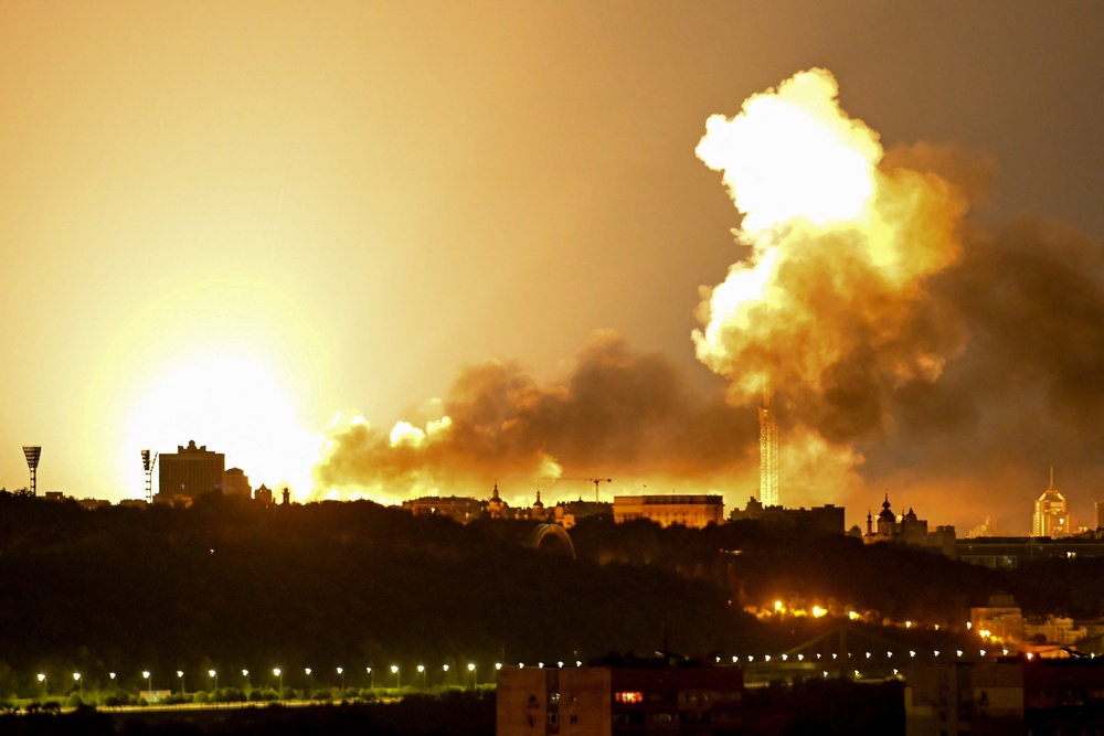 This photograph shows an explosion during drone and missile attacks in Kyiv overnight (AFP/Getty)