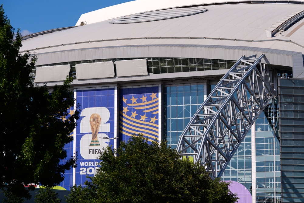 AT&T Stadium, where upcoming World Cup soccer matches are scheduled to be played, has its name covered by three grey tarps on Monday, 1 June 2026 (AP)