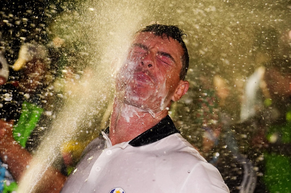 Rory McIlroy of Team Europe celebrates after winning the Ryder Cup, beating the United States 15-13 on day three of the 2025 Ryder Cup at the Bethpage Black Course, Farmingdale, New York (Mike Egerton/PA) (PA Wire)