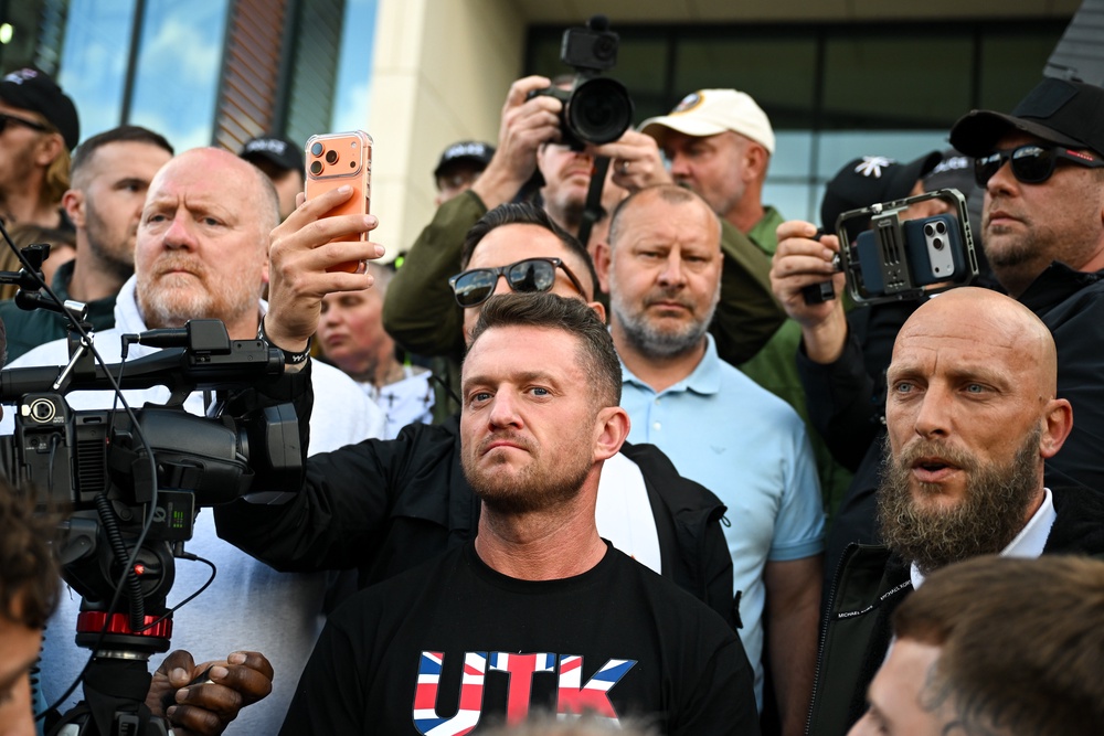 Far-right activist Tommy Robinson at the protest on Tuesday evening (Getty)