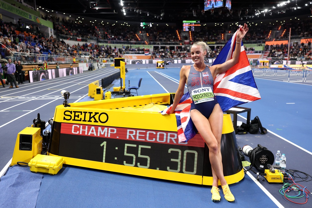 Keely Hodgkinson set a championship record time for the 800m at the World Indoor Championships in March (Getty)