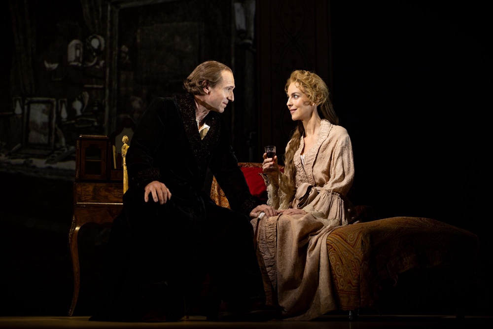 Ralph Fiennes and Miranda Raison in ‘Grace Pervades’, which is regularly interrupted by theatregoers’ alarms (Getty)