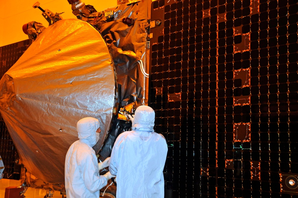 Maven is checked by technicians in preparation for launch at the Kennedy Space Center, Florida on Sept. 27, 2013 (AFP via Getty Images)