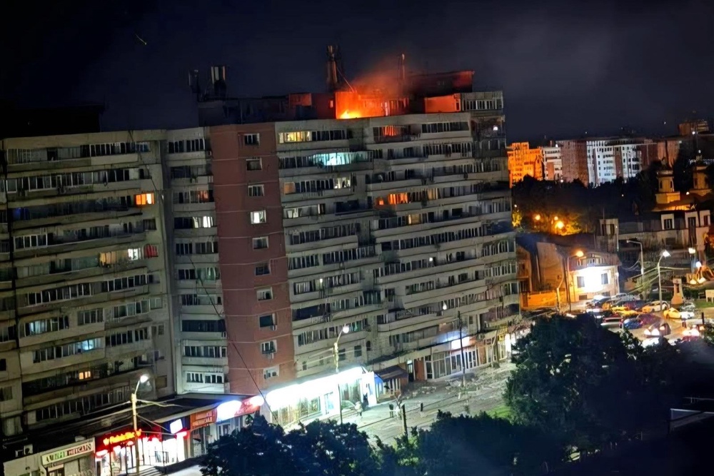 The drone crash led to a fire breaking out in a block of flats in Galati, eastern Romania (ISU Galati via AP) (AP)