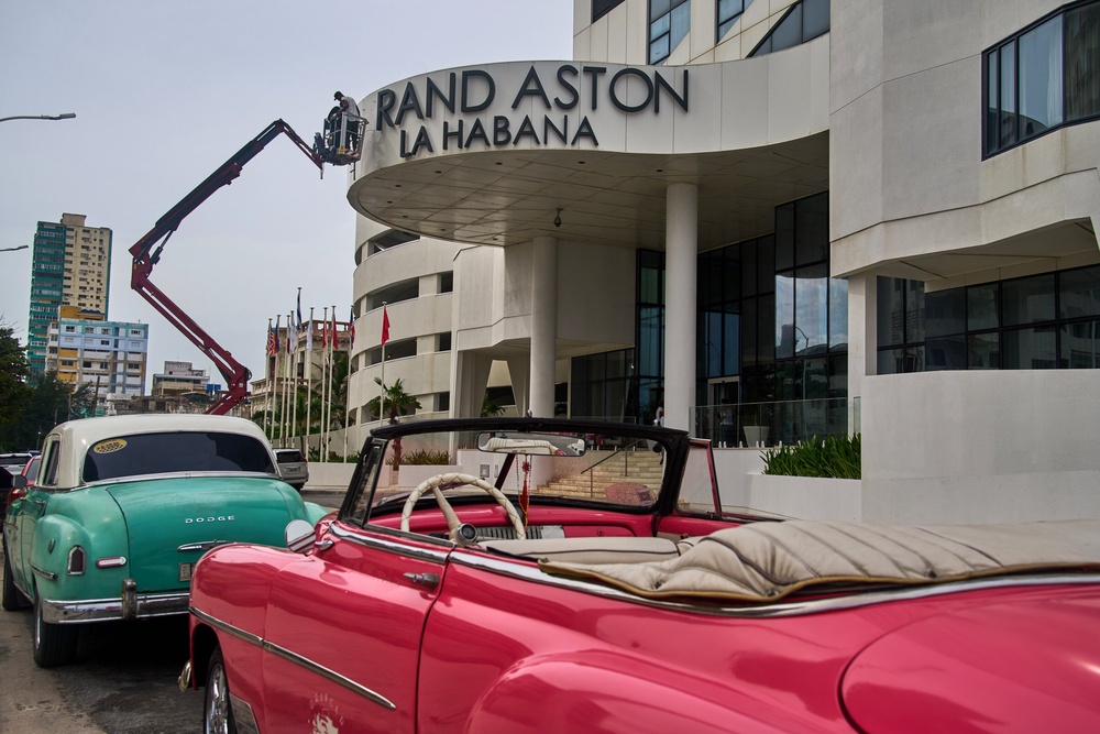 Workers repair the sign at the Grand Aston Hotel in Havana, Wednesday, June 3, 2026. (AP Photo/Ramon Espinosa) (Copyright 2026 The Associated Press. All right reserved)