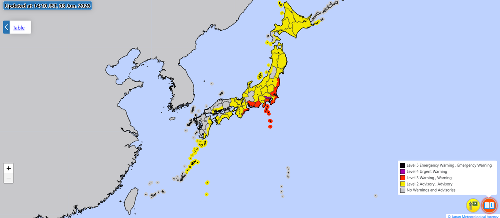 Warnings and advisories in place (JMA)