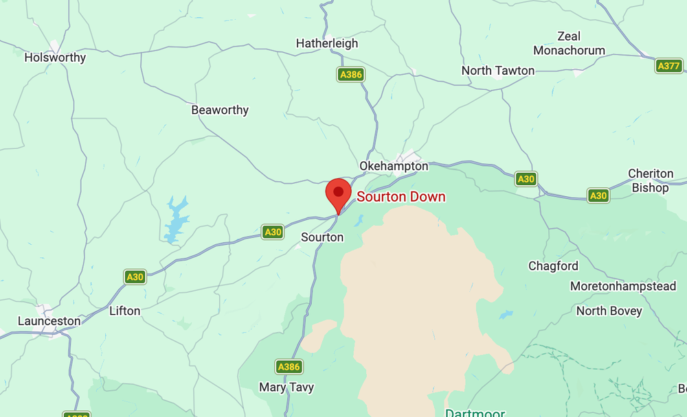 The helicopter crashed into a field near Sourton Down, near Okehampton (Google Maps)