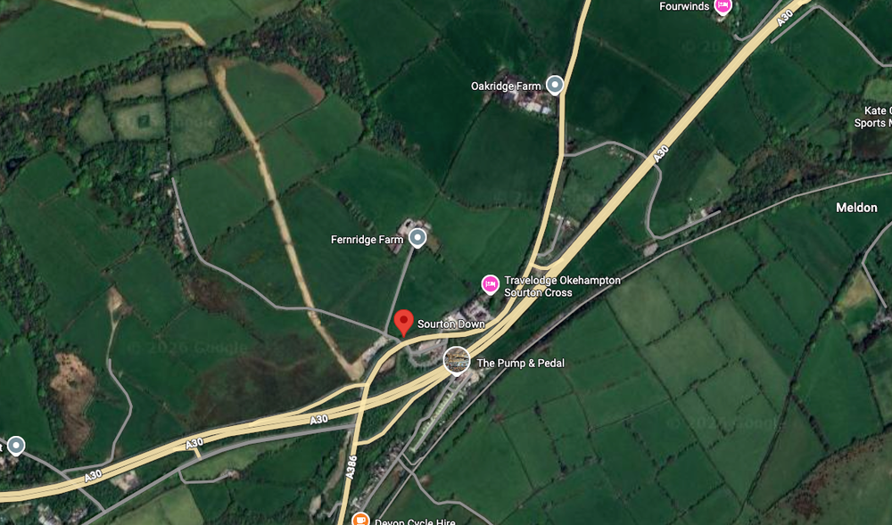 The helicopter crashed into a field near Sourton Down, near Okehampton (Google Mpas)