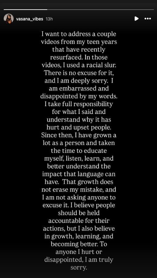 Vasana Montgomery shared an apology for using a racial slur to her Instagram Story Wednesday (Instagram)