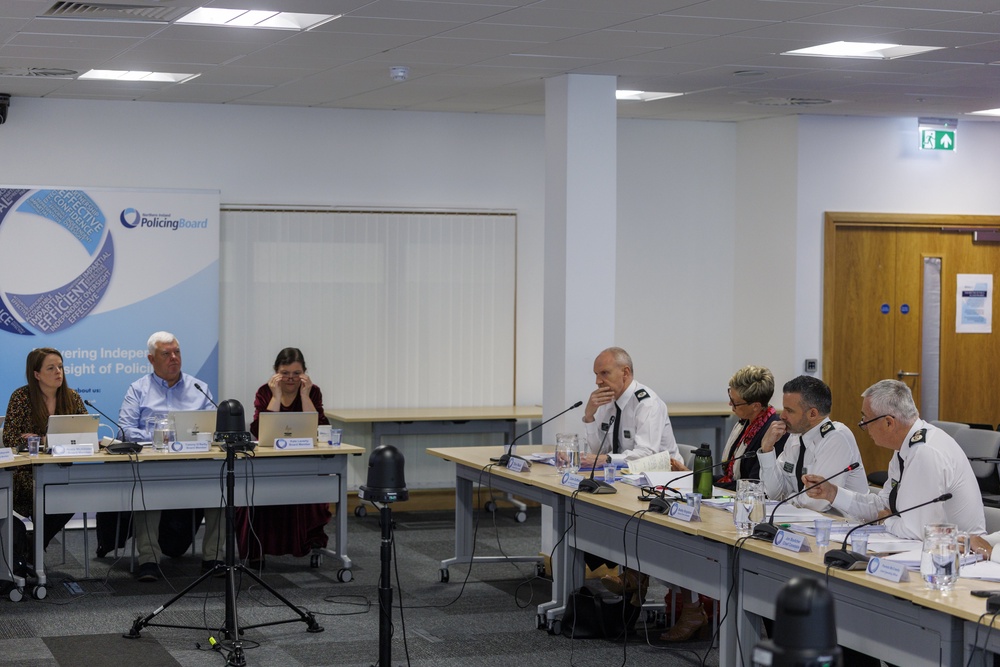 PSNI Chief Constable Jon Boutcher, right, replying to a question from Nuala McAllister MLA, left, during the meeting of the Policing Board (Liam McBurney/PA) (PA Wire)
