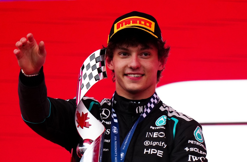 Kimi Antonelli on the podium in Montreal (Bradley Collyer/PA)