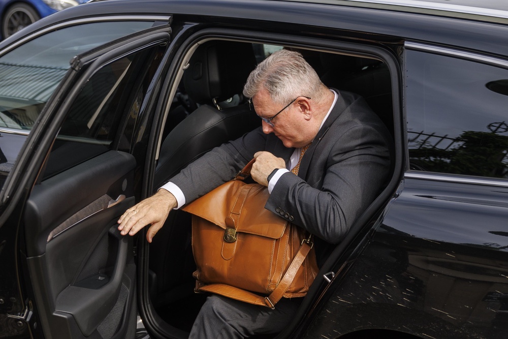 Jeffrey Donaldson arriving at Newry Crown Court, where he and his wife Lady Eleanor Donaldson are accused of historical sexual offences (Liam McBurney/PA) (PA Wire)