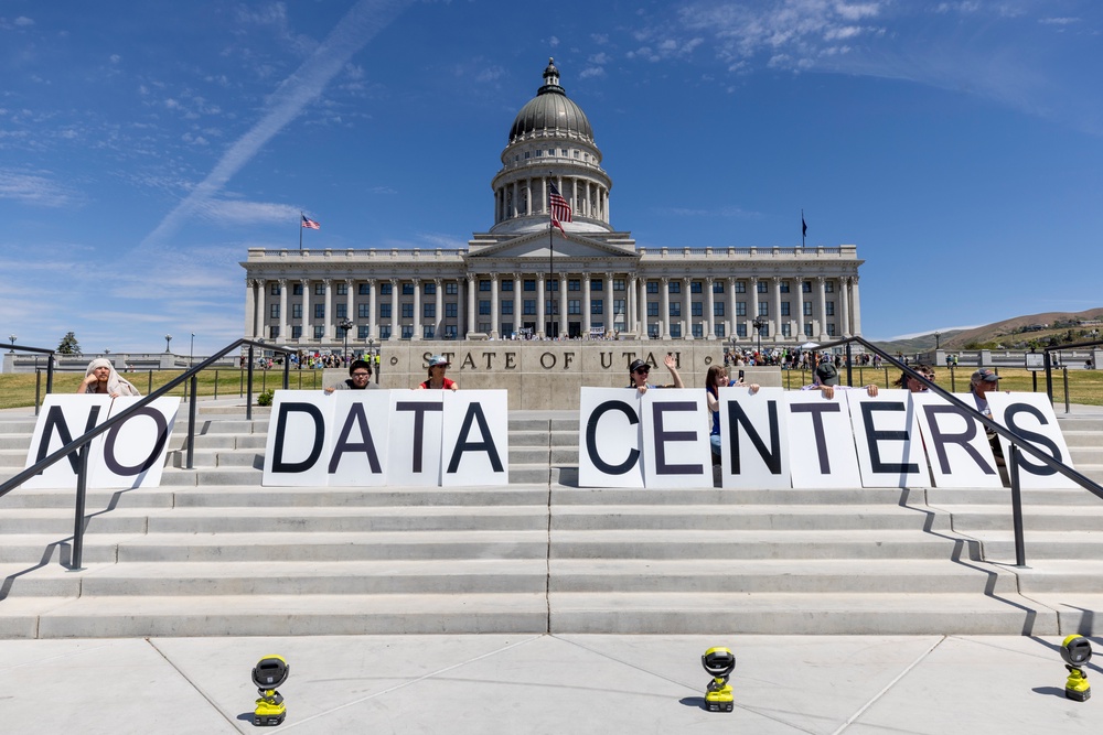 Demonstrators take part in a protest at the Utah State Capitol to oppose the construction of the Stratos data center in Box Elder County on May 23, 2026 in Salt Lake City, Utah (Getty)