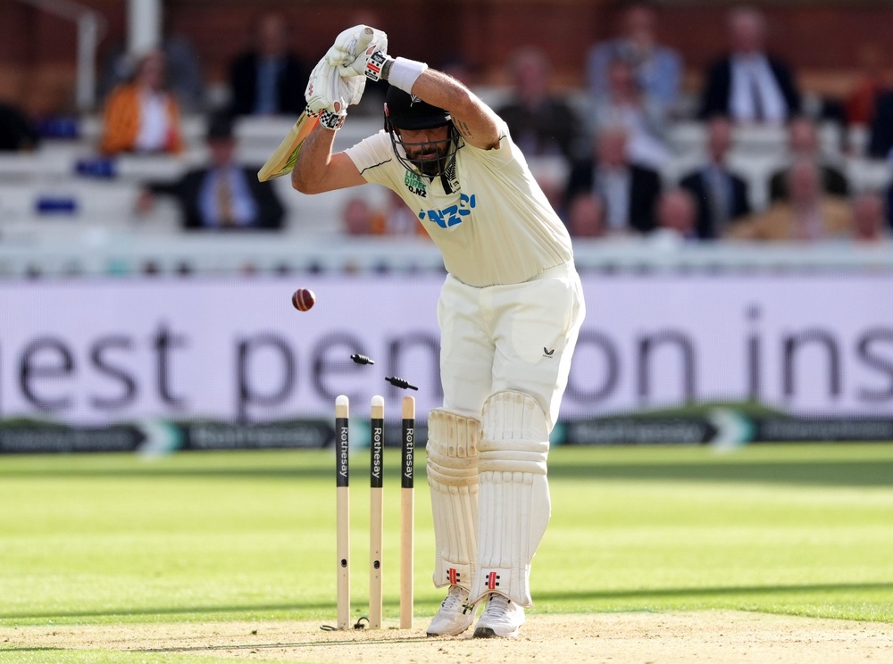 Daryl Mitchell is bowled by Ollie Robinson (Ben Whitley/PA) (PA Wire)