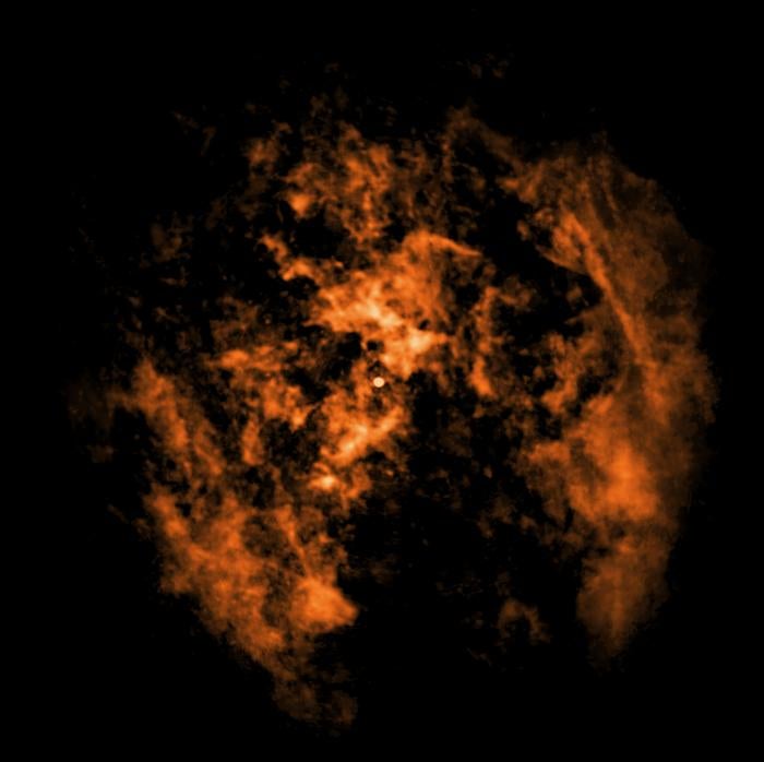 Data from the Atacama Large Millimeter/Submillimeter Array (ALMA) radio telescopes in Chile maps the location of cold gas around Sagittarius A* in this image (X-ray: NASA/CXC/Northwestern Univ./M. Gorski; Radio: ESO/NAOJ/NRAO/ALMA; Image processing: NASA/CXC/SAO/K. Arcand and P. Edmonds)