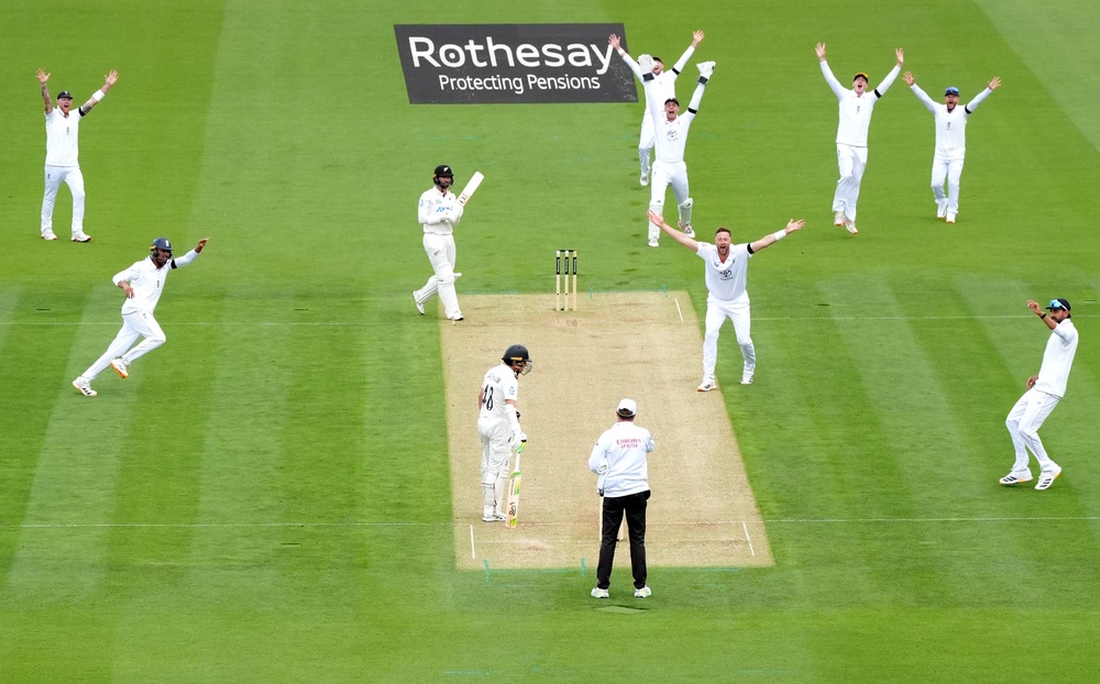 New Zealand’s Devon Conway is bowled lbw by England’s Ollie Robinson (Ben Whitley/PA) (PA Wire)