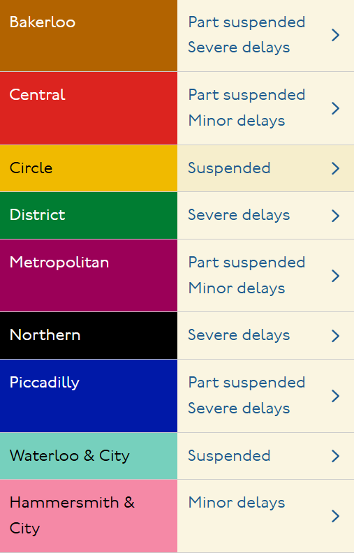 Services are currently suspended on the Circle, District, Hammersmith & City, Metropolitan, Northern, and Hammersmith & City lines. (TLF)