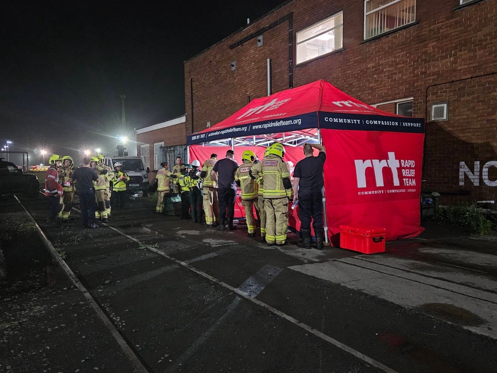 Local residents have been warned to close windows as fire crews continue to tackle the blaze (Rapid Relief Team UK)