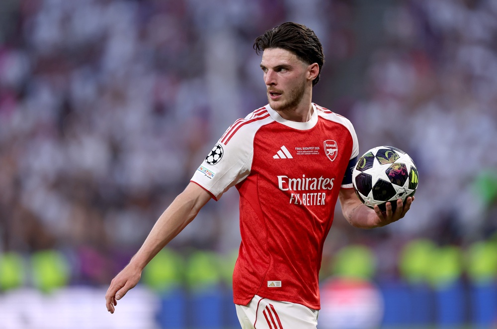 Declan Rice has been nominated for the PFA Men's Player of the Year award alongside Arsenal teammates David Raye and Gabriel (Getty)