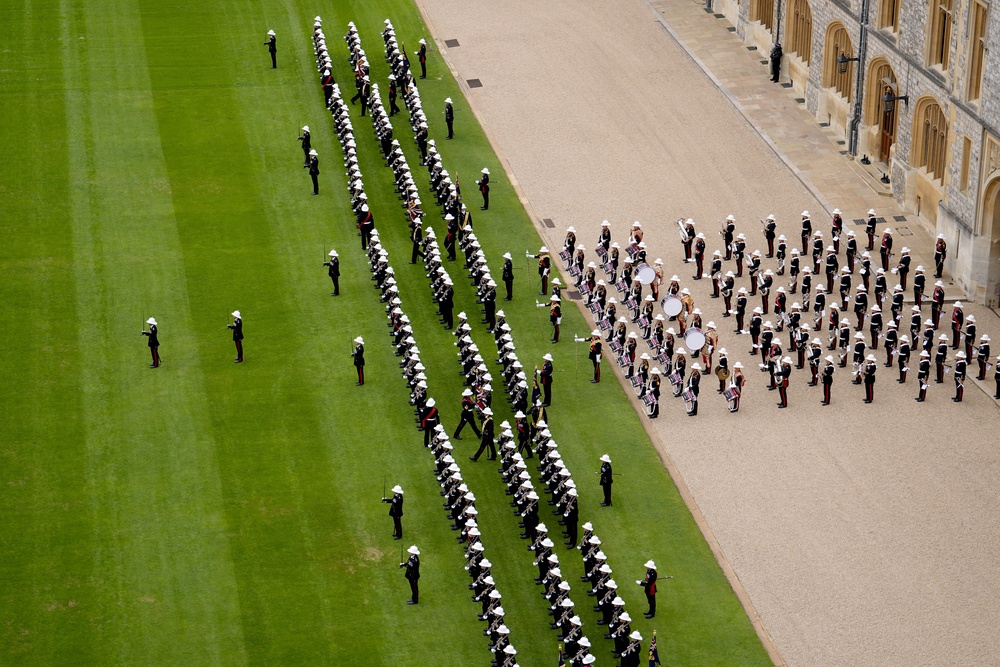 New colours were presented to the 40, 42, 43 and 45 Commando Royal Marines, at Windsor Castle, Berkshire (Jordan Pettitt/PA) (PA Wire)