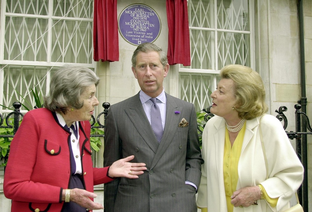 The then-Prince of Wales with Countess Mountbatten of Burma, left, and Lady Pamela Hicks, the two daughters of Lord and Lady Mountbatten (John Stillwell/PA) (PA)